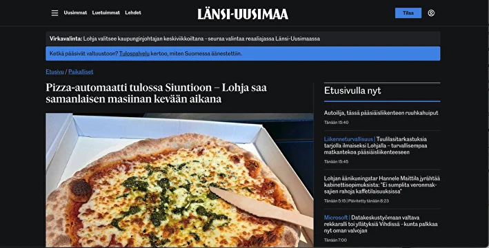 Pizza-​automaatti tulossa Siuntioon – Lohja saa samanlaisen masiinan kevään aikana