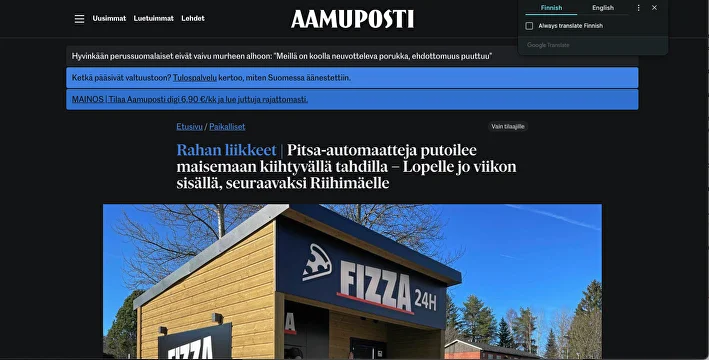 Pitsa-​automaatteja putoilee maisemaan kiihtyvällä tahdilla – Lopelle jo viikon sisällä, seuraavaksi Riihimäelle