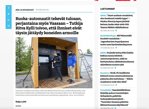 Ruo­ka-au­to­maa­tit tekevät tu­loaan, per­jan­tai­na myös Vaasaan – Tutkija Ritva Kylli toivoo, että ihmiset eivät täysin jät­täy­dy ko­nei­den ar­moil­le