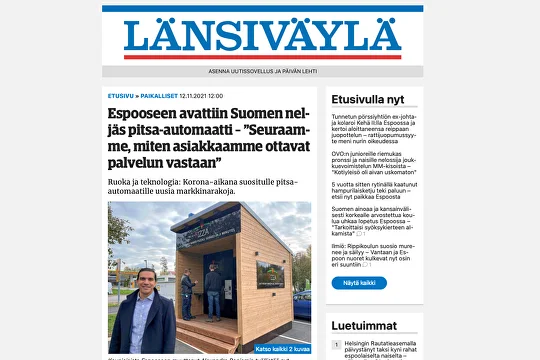 Espooseen avattiin Suomen neljäs pitsa-​automaatti – "Seuraamme, miten asiakkaamme ottavat palvelun vastaan"