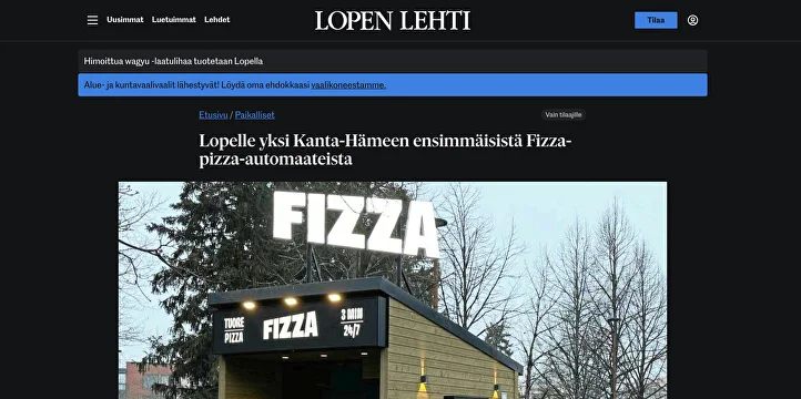 Lopelle yksi Kanta-​Hämeen ensimmäisistä Fizza-​pizza-automaateista
