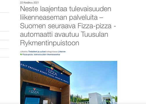 Neste laajentaa tulevaisuuden liikenneaseman palveluita ‒ Suomen seuraava Fizza-pizza -automaatti avautuu Tuusulan Rykmentinpuistoon
