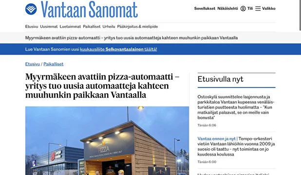 Myyrmäkeen avattiin pizza-​automaatti – yritys tuo uusia automaatteja kahteen muuhunkin paikkaan Vantaalla