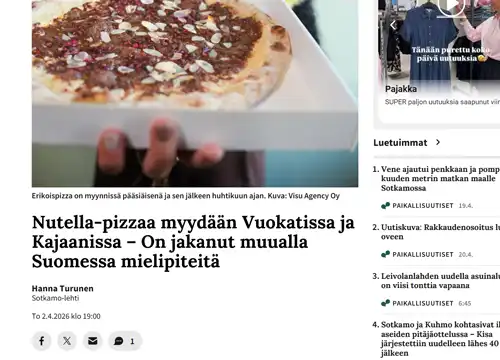 Nutella-pizzaa myydään Vuokatissa ja Kajaanissa